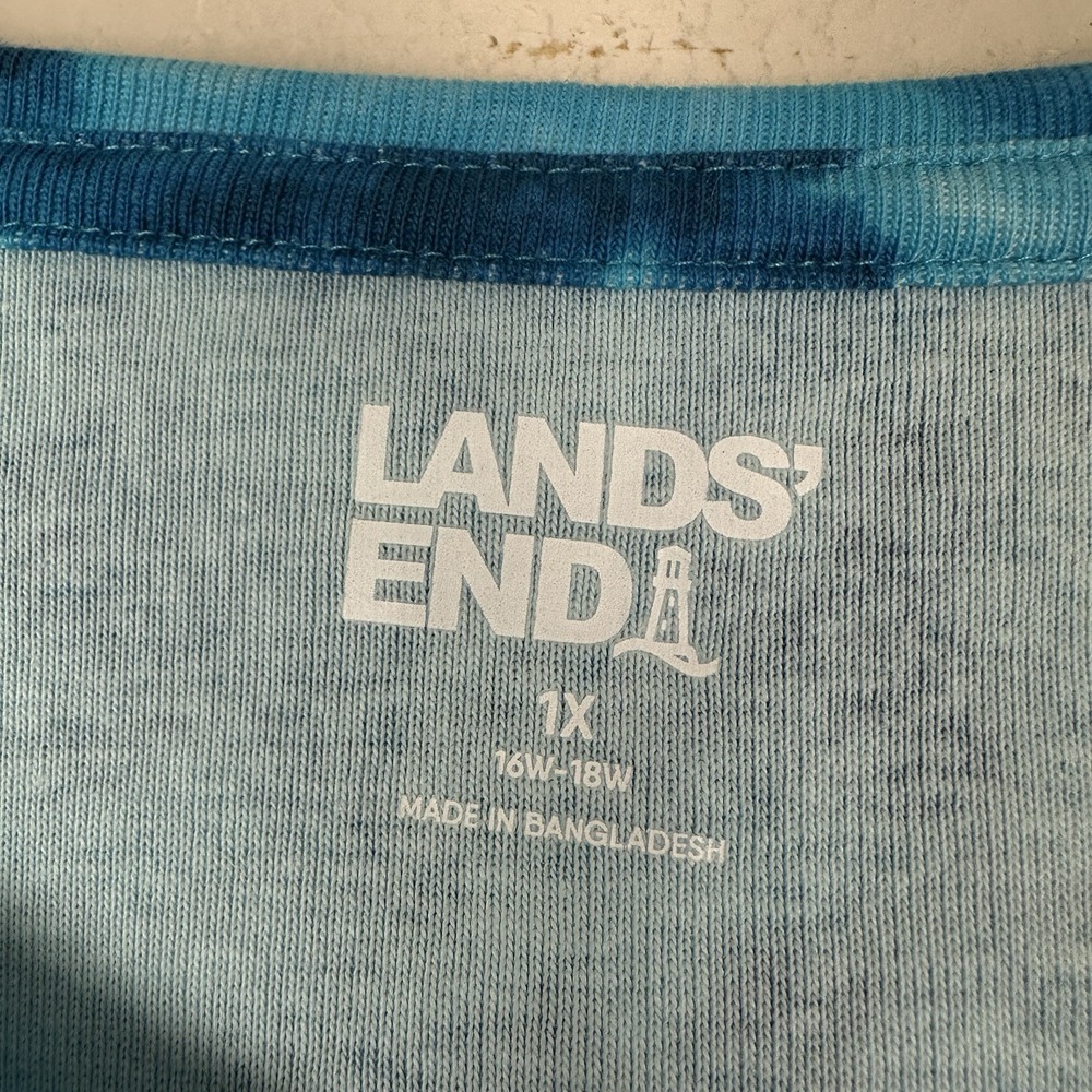 Lands' End Women's 1X Short Sleeve Shaped Cotton Rib Crewneck Tie Dye Shirt Blue - Picture 7 of 8